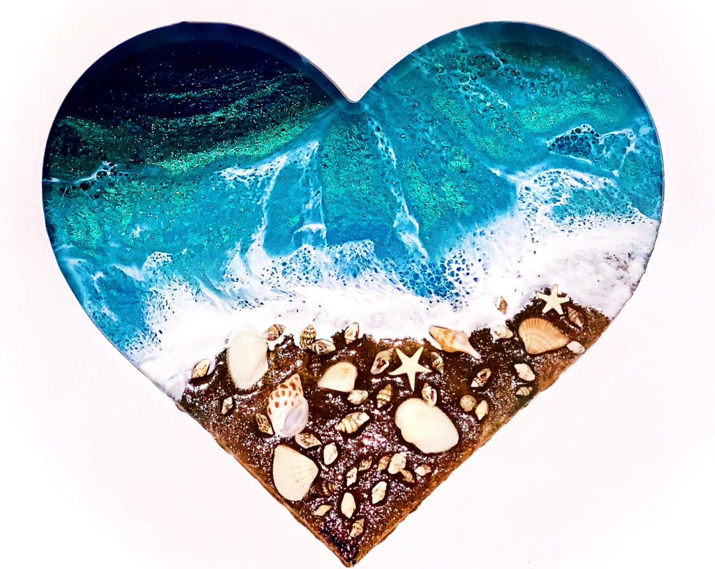 9” Ocean Resin Wood Heart Art