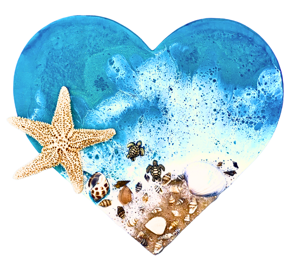 9” Ocean Resin Wood Heart Art with Starfish