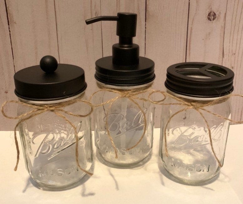 Clear Ball Mason Jar Apothecary Farmhouse Bathroom Set w/ Oil Rubbed Bronze Lids