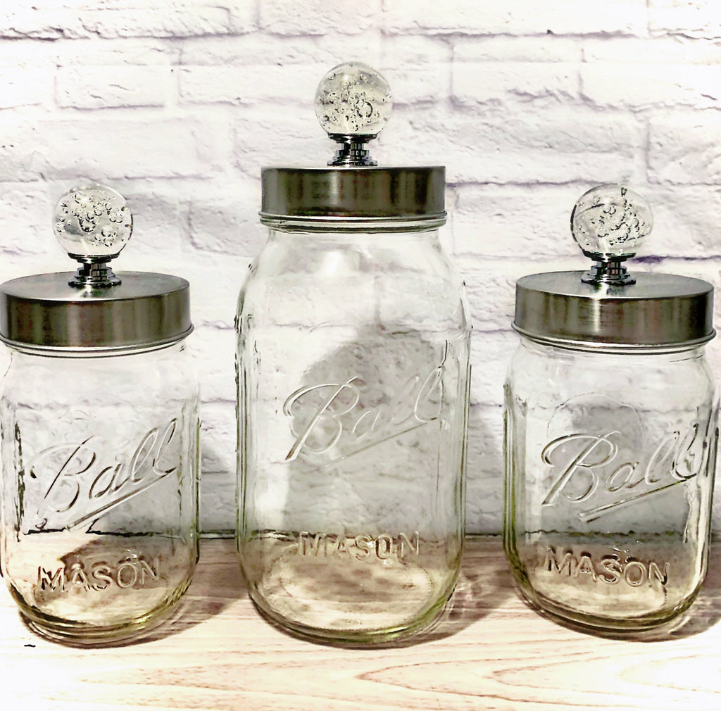 Clear Ball Mason Jar Canister Set w/ Stainless Steel Apothecary Lids and Round Crystal Glass Knobs