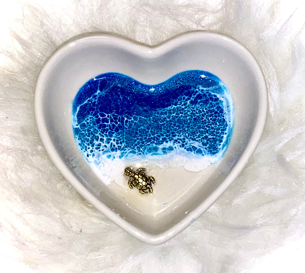 Tiny Sea Turtle on a Beach Ceramic Heart Ring Trinket Dish Ocean Resin Art